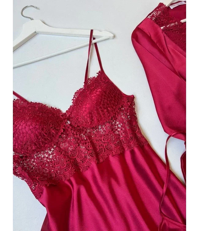 4Pcs Silk Turkish Guipure Detail Nighty Set Maroon