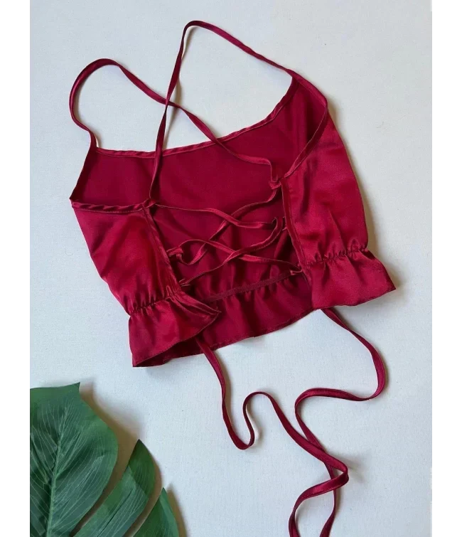 4Pcs Silk Turkish Guipure Detail Nighty Set Maroon