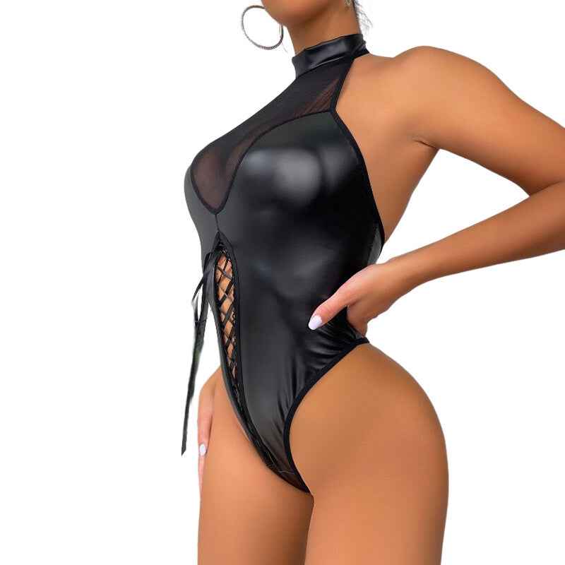 Jet Black lacy Leather Bodysuit