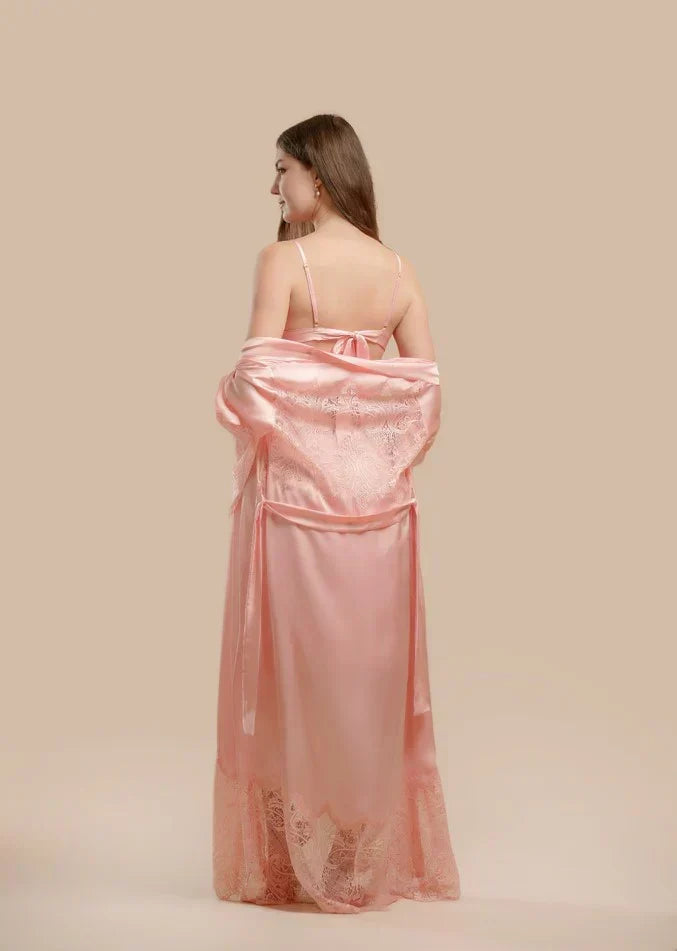 Long Satin & Lace Nightdress & Robe Set - Pink