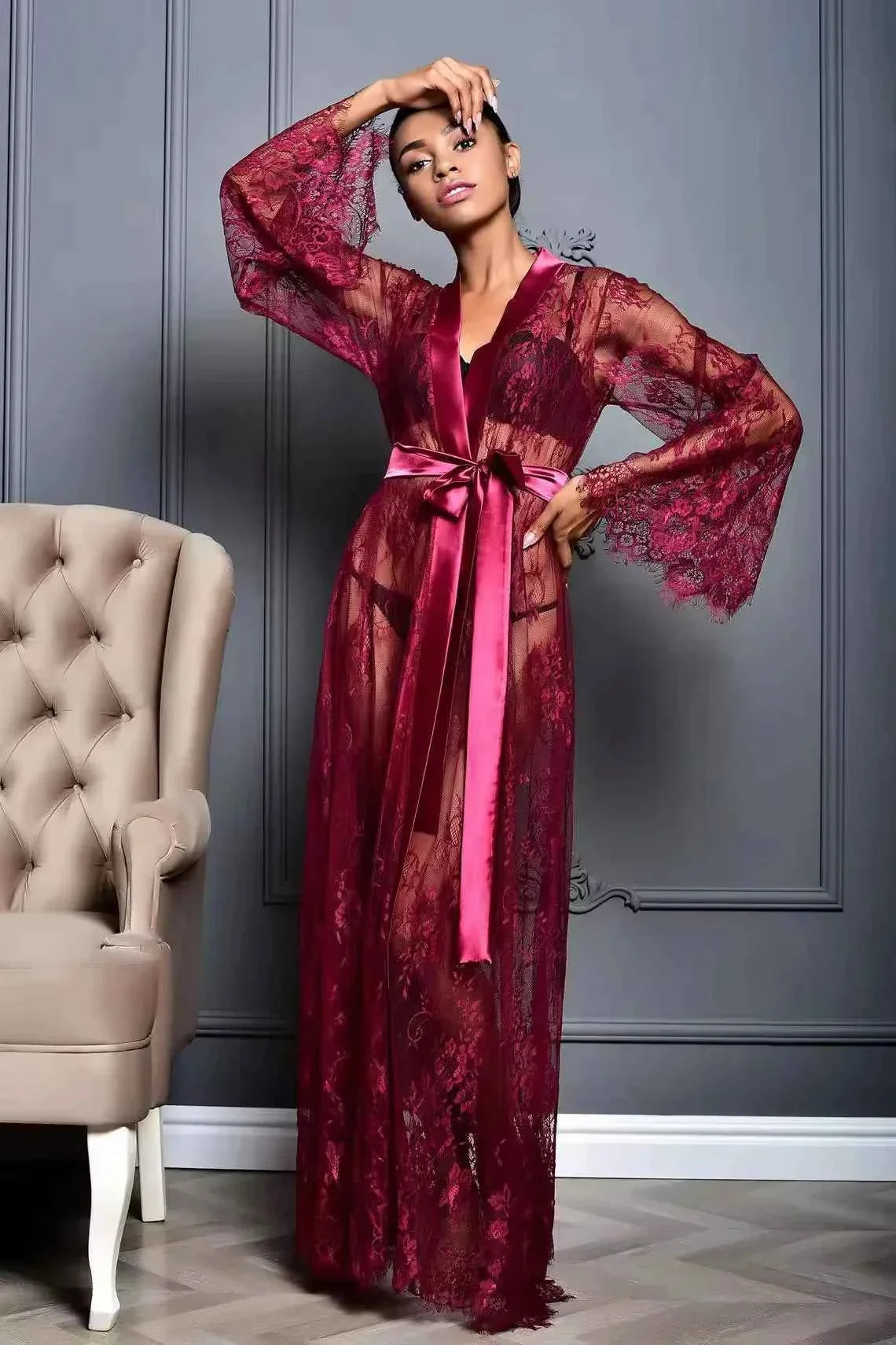 Stylish Long Net Gown with Thong