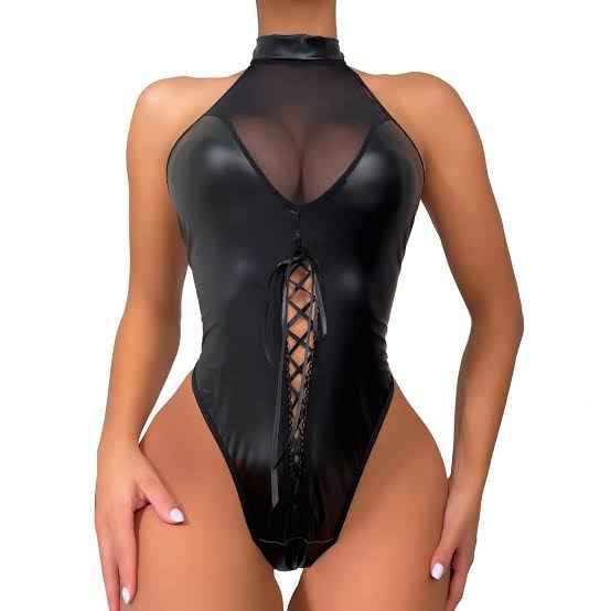 Jet Black lacy Leather Bodysuit
