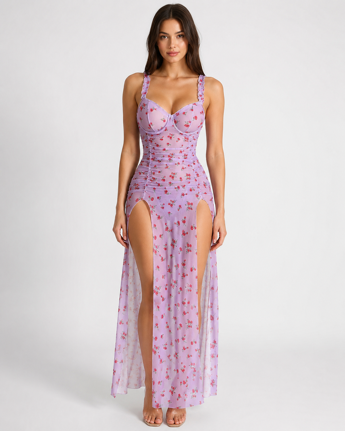 Mini Flower Print Honeymoon Long Slit Gown