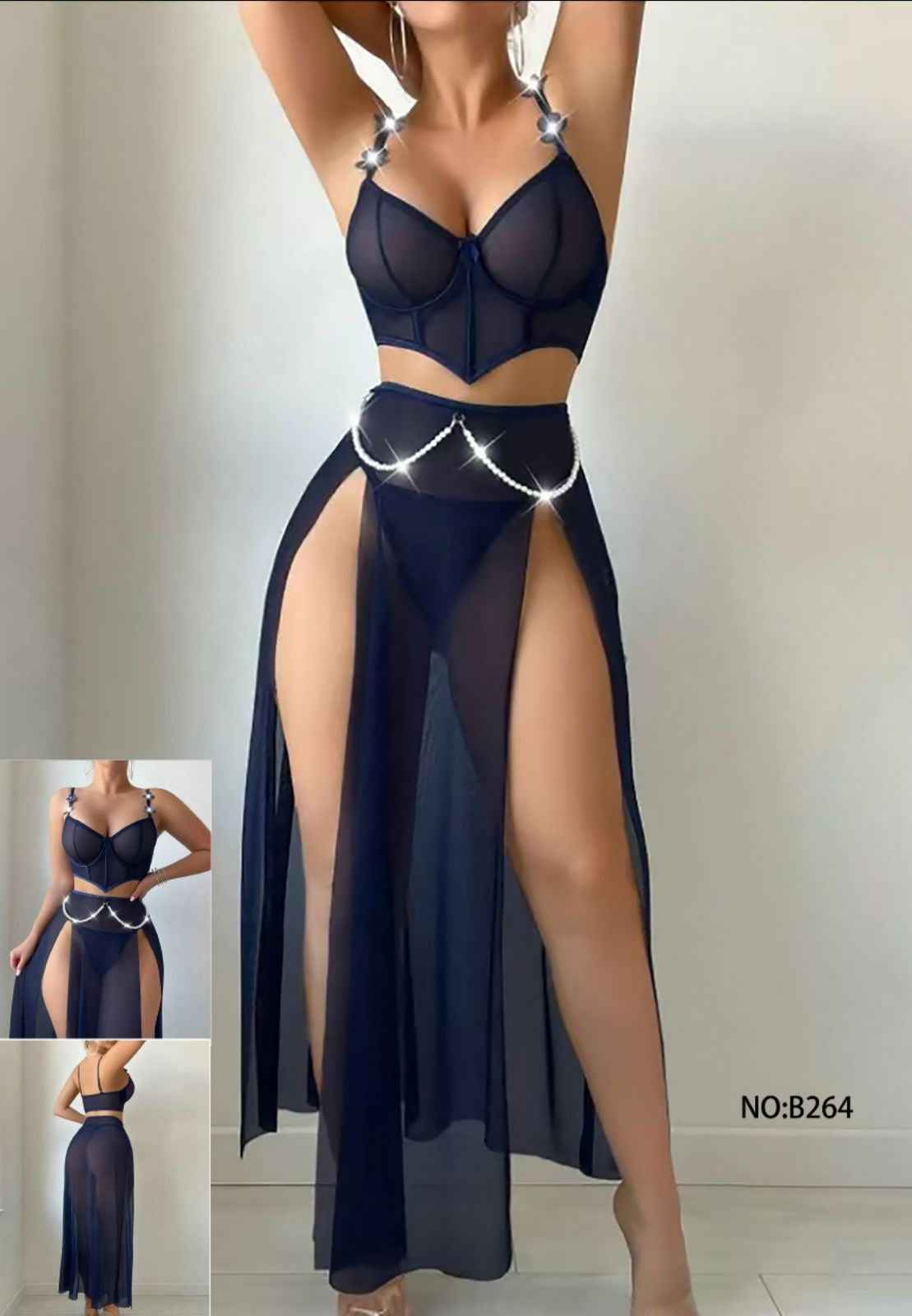 Navy Blue Two Piece Gown and Corset Set with beads