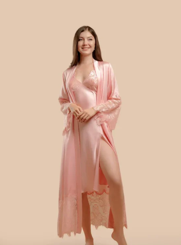 Long Satin & Lace Nightdress & Robe Set - Pink