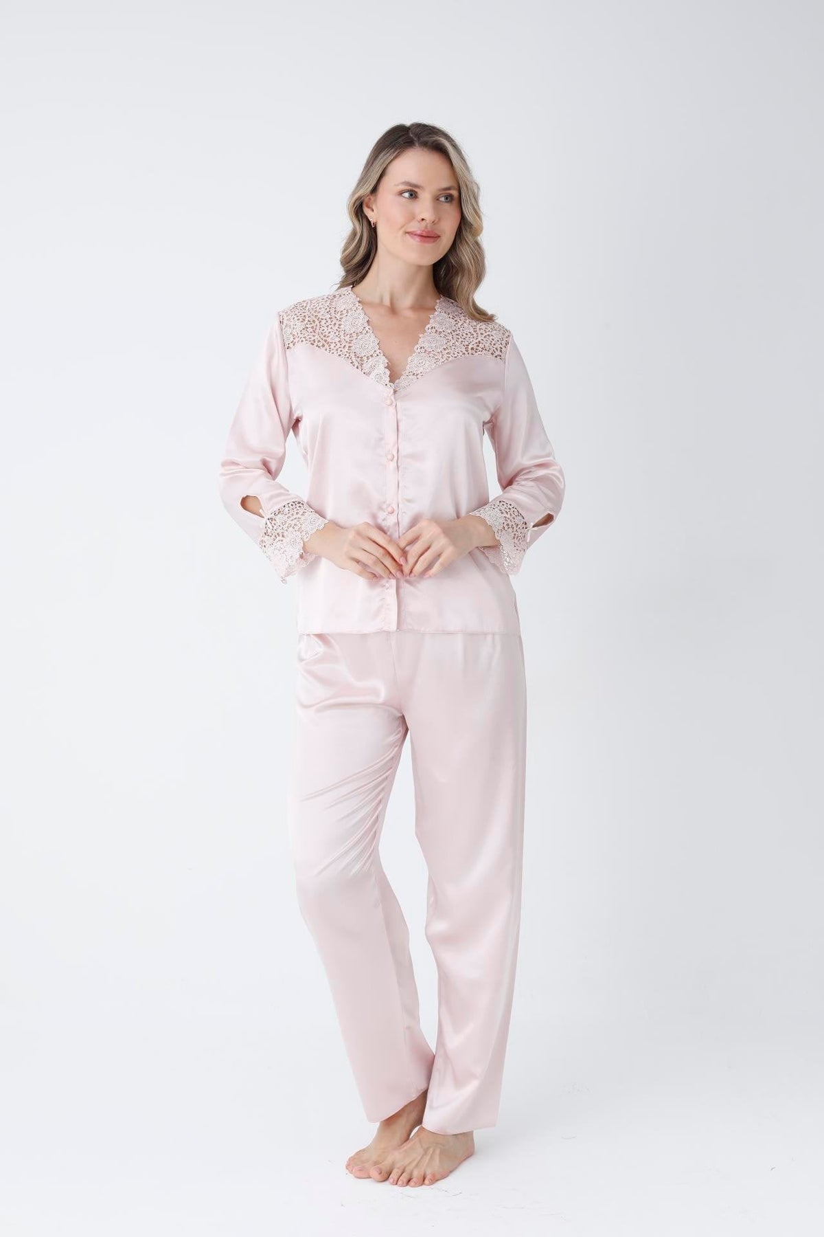 Powder Guipure Detailed 6-Piece Satin Nightgown Dressing Gown Set